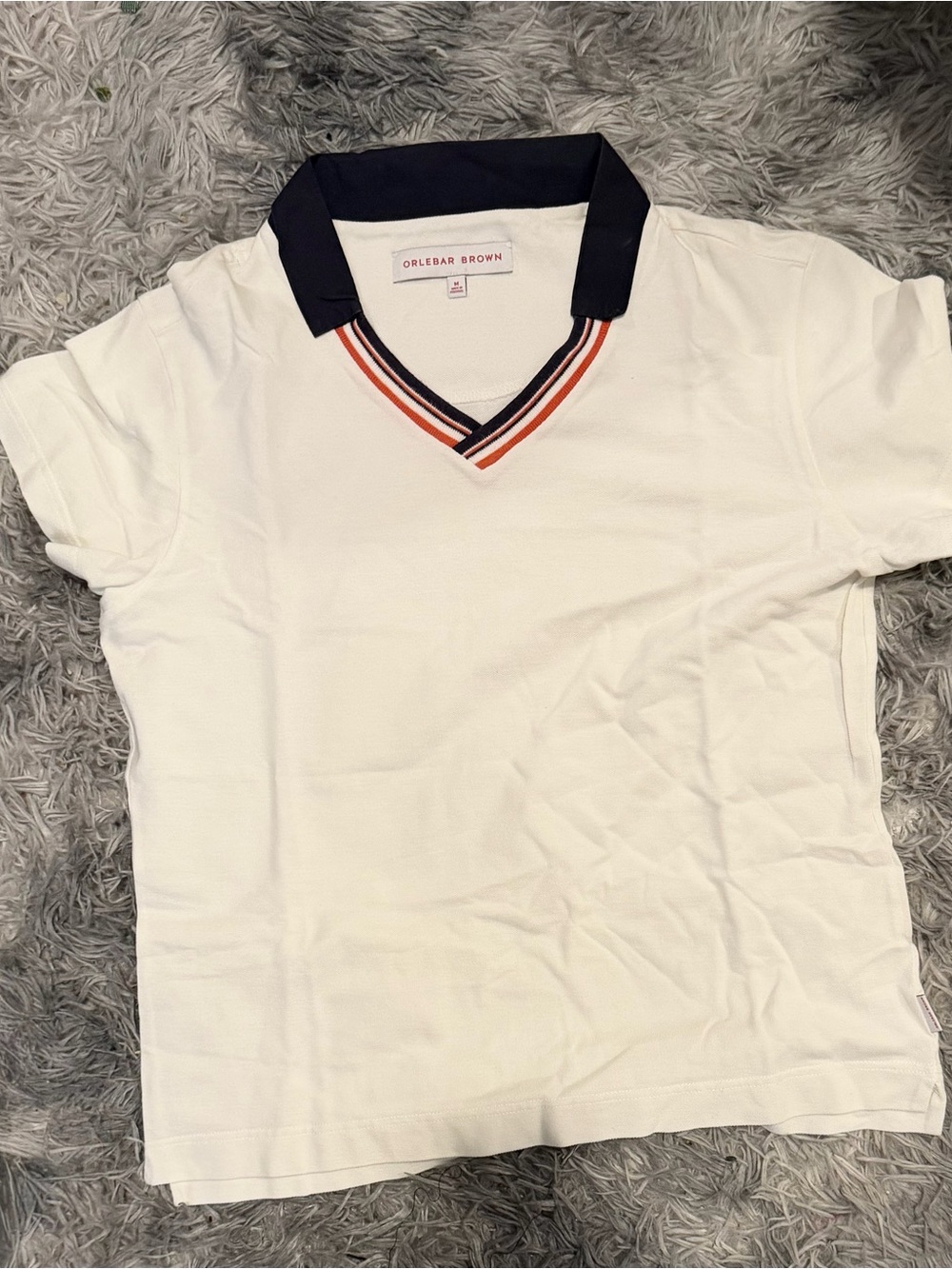 Orlebar Brown White Polo with Navy Collar and Orange Trim Accents